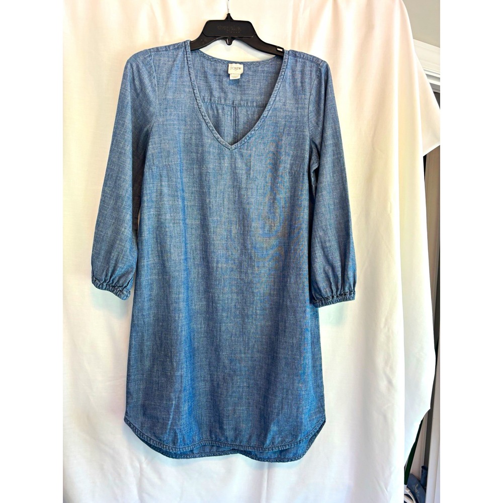 J.CREW Womens S Blue Chambray V-Neck 3/4 Sleeve Shift Dress Short Pullover